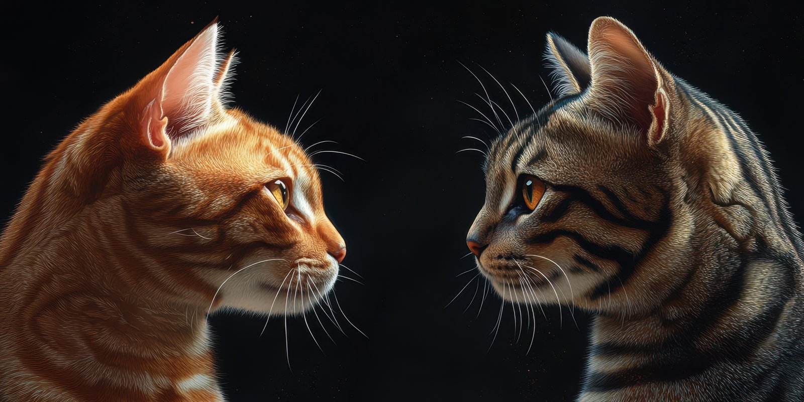Two cats face each other with intense expressions in a dark setting highlighting their unique features and colors